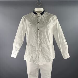 EMPORIO ARMANI Size XXXL White Blue Cotton Blend Ribbed Collar Long Sleeve Shirt